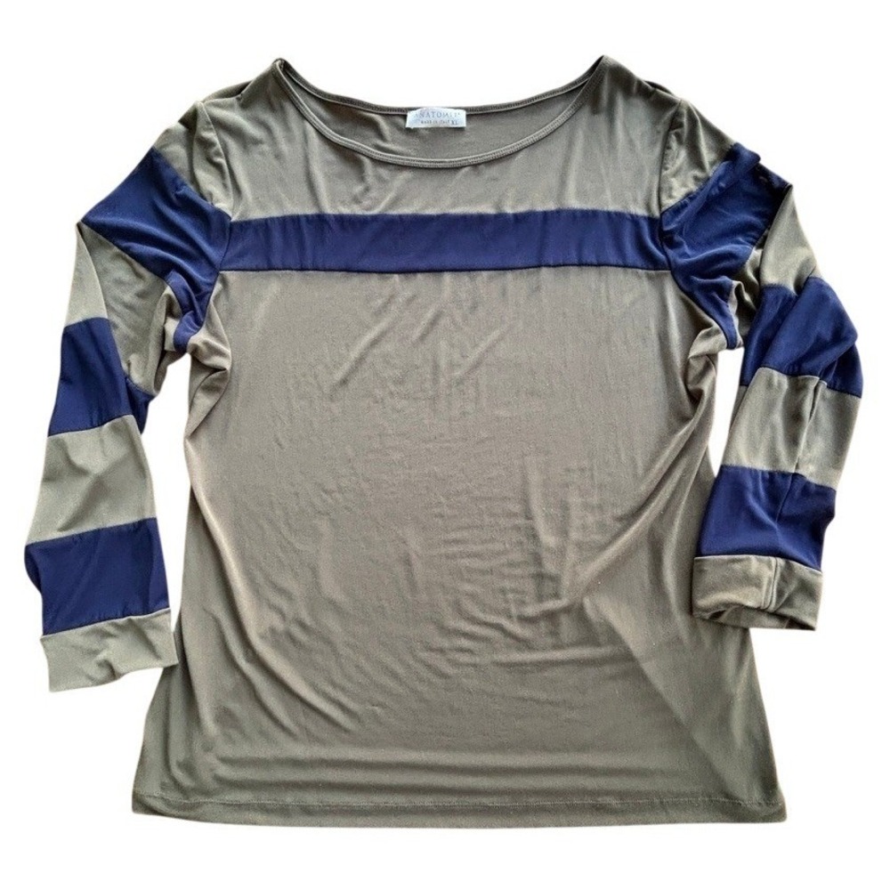 Anatomie Made in Italy‎ Colorblock Mesh Long Sleeve Top Olive & Navy,  Size XL